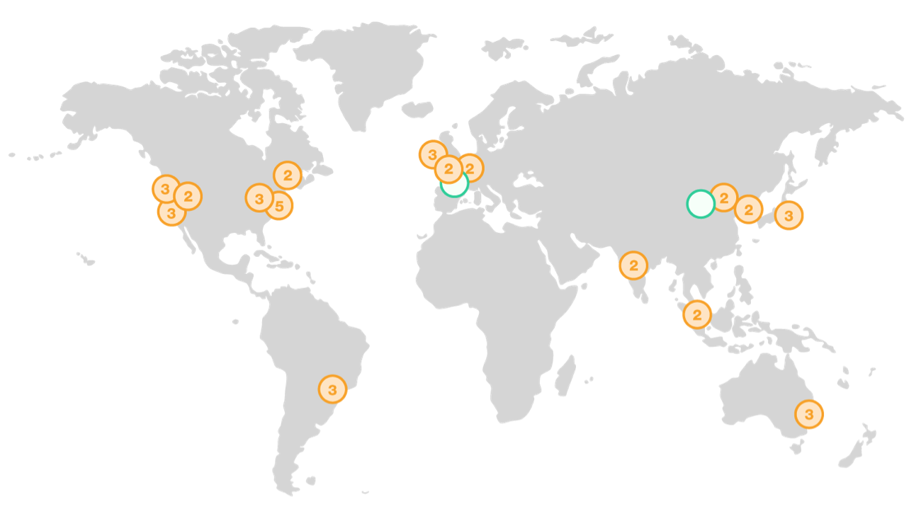 A map of the world showing the locations of the 12 largest cloud computing regions, with the United States, Europe, and Asia being the largest regions.