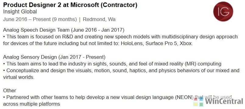Surface Pro 5 and Project NEON named in LinkedIn profile of Microsoft contractor