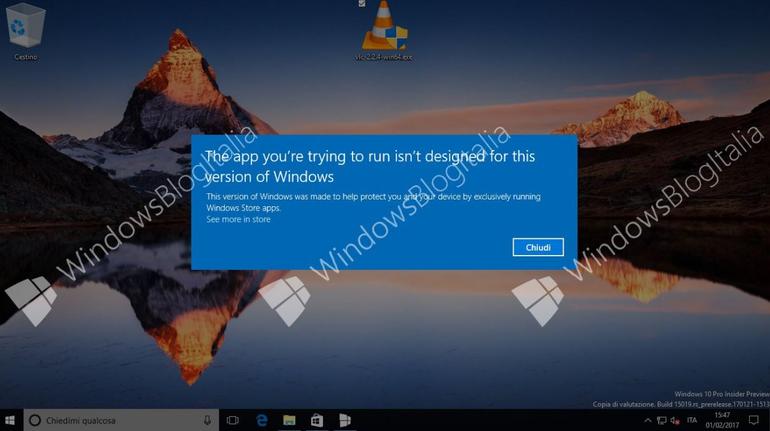 leaked screenshot of Windows 10 Cloud, a lighter version of Windows 10 that only allows Microsoft Store apps (specifically, UWP apps) to run