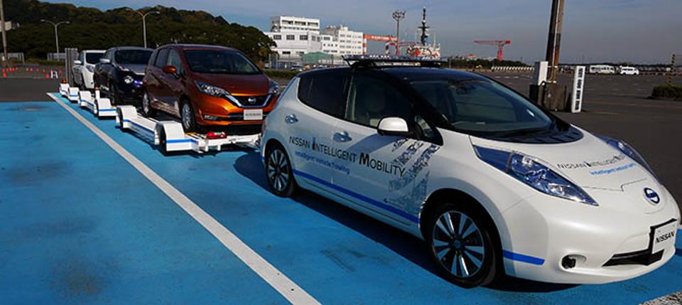 Driverless Nissan LEAFs used in Nissan's factory to shunt cars to the dock