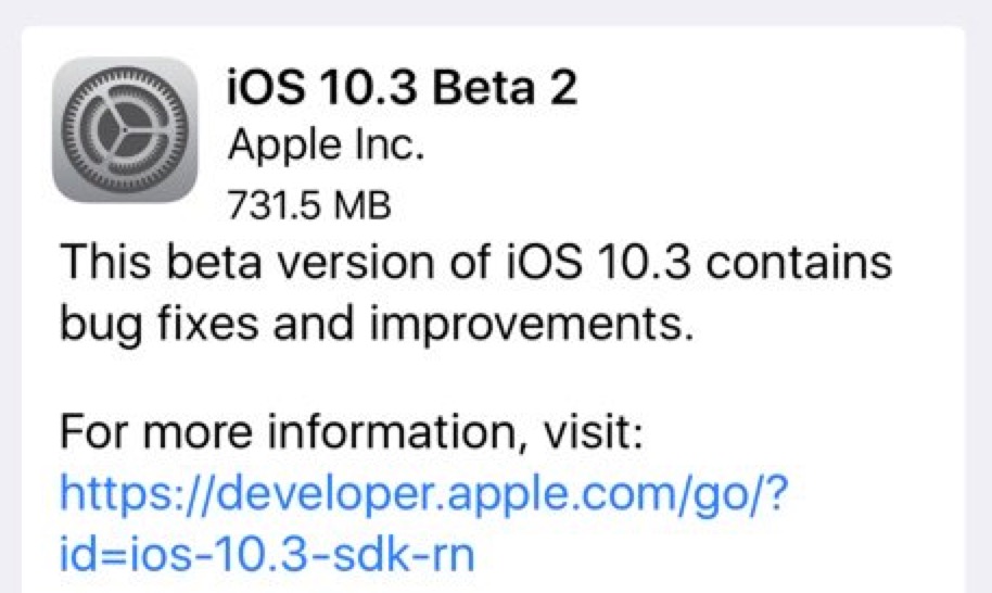 iOS 10.3 beta 2 for public beta testers and developers