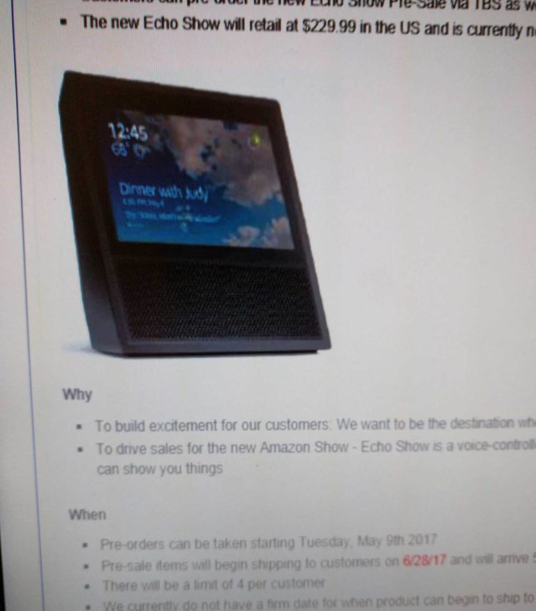 Touchscreen Amazon “Echo Show” Could Launch May 9 at $229, Ships in June