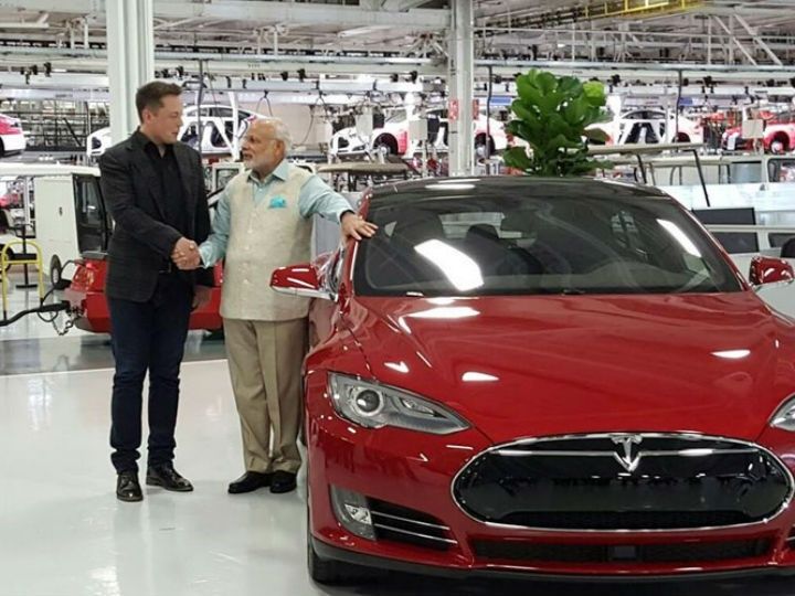 Elon Musk with Narenda Modi Prime Minister of India at the Fremont factory