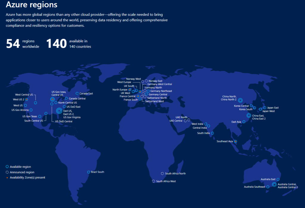 Microsoft Azure Data Center Locations around the world