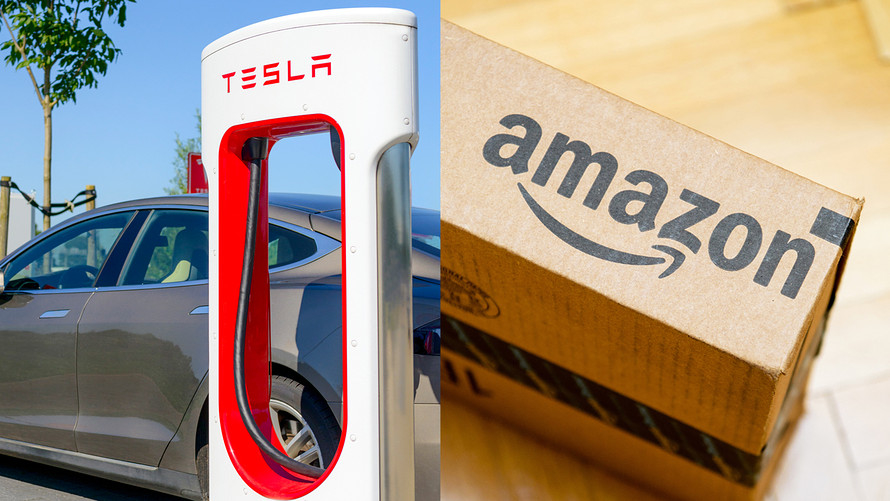 Tesla supercharger and Amazon shipping package